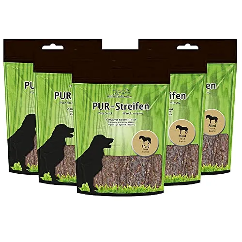 Schecker Dörrfleisch für Hunde - PUR Kaustreifen Pferd - Gluten- und getreidefrei - 100% von nur Einer Tierart - 5 x 100 g