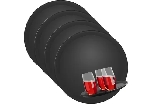 Wellgro Tablett 4x Kellnertablett Schwarz Ø 35 cm – Serviertablett Set - 4-teiliges Set von Kellnertabletts, ideal für Gastronomie oder Zuhause, robust und stilvoll für einen eleganten Service.