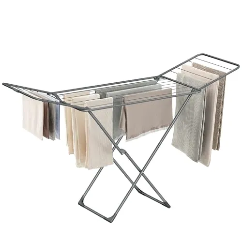 SONGMICS Wäscheständer, Standtrockner klappbar, freistehend | Flügelwäscheständer, für Innen- und Außenbereich, für Bettwäsche und Kleidung, Taubengrau, BUNJI Kollektion LLR540G01