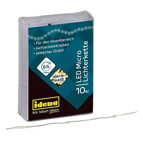 Idena 10er Micro LED Lichterkette weiß 1,20 m - Stimmungsvolle Micro LED Lichterkette in Weiß, 1,20 m lang. Ideal zur Dekoration von Möbeln, Pflanzen oder Wänden. Timer-Funktion und batteriebetrieben für flexiblen Einsatz im Innenbereich.