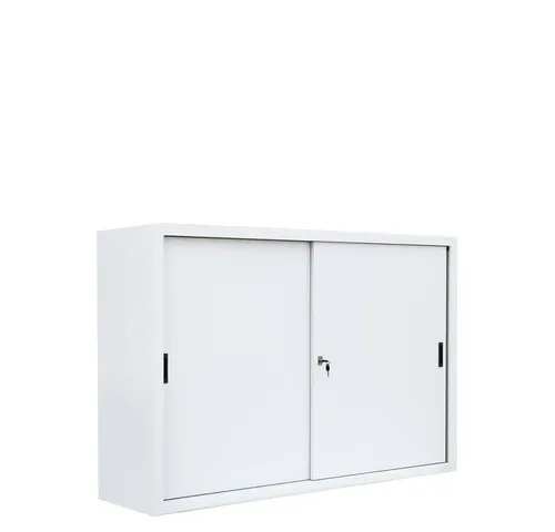 Schiebetürenschrank Büro aus Stahl Weiß 1090 x 1600 mm - Robuster Büroschrank aus pulverbeschichtetem Stahl mit leichtgängigen Schiebetüren, ideal für enge Räume. Höhenverstellbare Fachböden und geräuschdämpfende Anschlagpuffer sorgen für hohe Funktionalität.