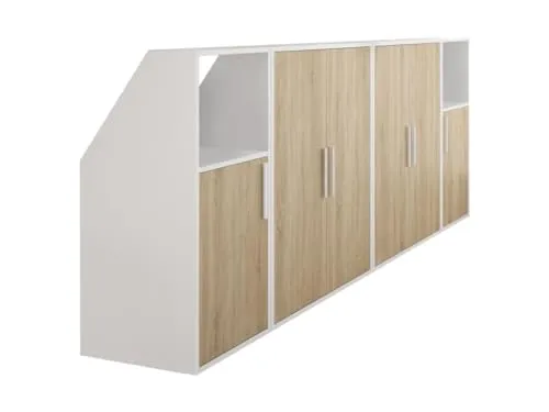 Schräger 6-türiger Kleiderschrank ADEZIO - Weiß & Naturfarben - Drehtürenschrank für Dachschrägen, bietet optimalen Stauraum und modernes Design, ideal für kleine Räume.