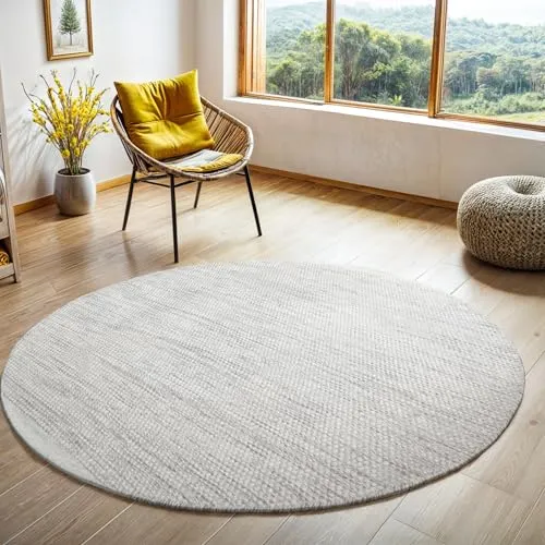 MY-RUG Teppich Wohnzimmer Rund 100cm Wollteppich Strickteppich Webteppich Natur weiß WoolHeaven Creme Boho Style