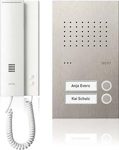 Ritto RGE1818225 ACERO pur Audio Komplettpaket 2WE - Audio Türsprechanlage für Zweifamilienhäuser, inklusive edelstahl Außenstation und 2 weißen Innenstationen. Ideal für sichere Kommunikation und moderne Gestaltung.