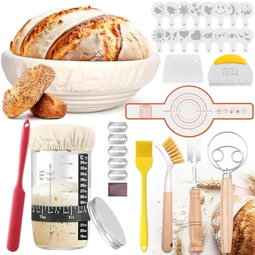 MZJAUVF 32-teilig Gärkorb Brot Set, Sauerteig Starter Set, Gärkörbchen Rund 25cm, Brot Backen Zubehör, 730ml Gärglas, Komplettset Brotbackset, Gärkorb Set für Anfänger, Professionelle Backen