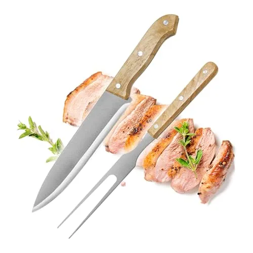 com-four® 2 teiliges Tranchierbesteck-Set - Grill-Besteck aus rostfreiem Edelstahl mit Holzgriff - Fleischmesser und Fleischgabel - Bratengabel (2 tlg. Tranchier Set - Holz)