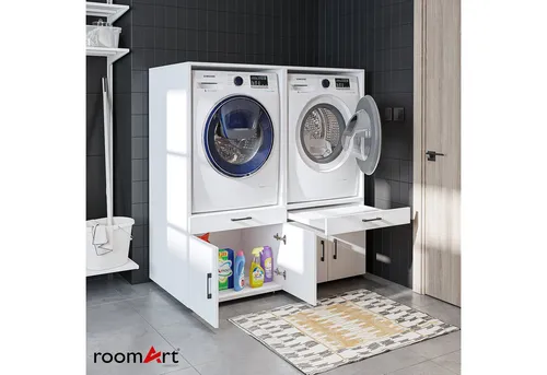 Roomart Waschmaschinenumbauschrank Doppelschrank - Praktischer Doppelschrank für Waschmaschine und Trockner mit Ausziehbrett – ideal für Waschküche und Bad. Bietet Platz für zwei Geräte und zusätzlichen Stauraum. Erhältlich in 3 Farben.