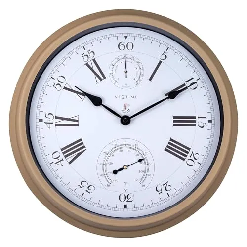 NeXtime 4305BR Wanduhr, Metall, Braun, 40.5cm - Wohnaccessoires mit Thermometer und Hygrometer, ideal für Garten oder Terrasse – stilvolles Design in Braun.