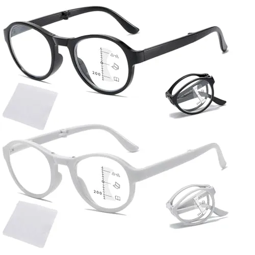 Roinaid 2 Pack 200° Faltbare Gleitsichtbrille Herren,Antiblaues Licht Multifokale Intelligente Brille,für Büroarbeiten und zum Lesen von Büchern (Leuchtend Schwarzer Rahmen,Grau-Weißer Rahmen)