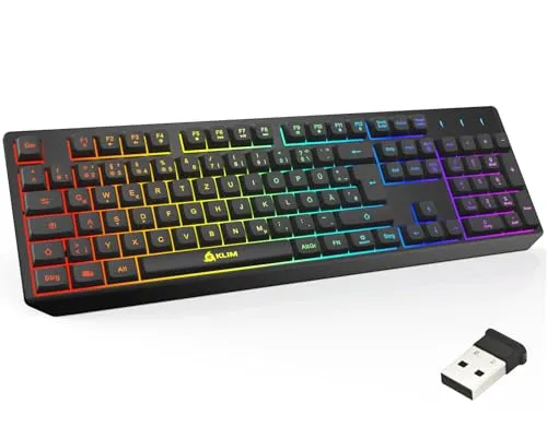 KLIM Chroma Wireless Gaming Tastatur - Kabellos QWERTZ DEUTSCH - Ergonomische, wasserdichte und leise Gaming Tastatur mit RGB-Beleuchtung, ideal für PC und Konsolen. Langlebig mit 10 Mio. Anschlägen und 5 Jahren Support.