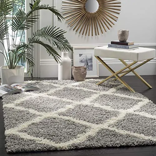 SAFAVIEH Zottelig Teppich für Wohnzimmer, Esszimmer, Schlafzimmer - Dallas Shag Collection, Hoher Flor, Grau und Elfenbein, 91 X 152 cm