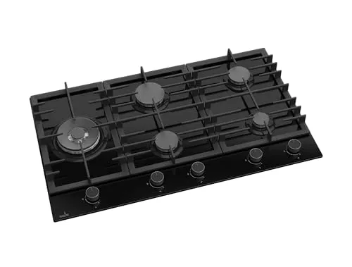 Gasline Gaskochfeld 90cm Schwarz Glaskeramik mit 5 Brennern - Kochfelder mit thermoelektrischer Zündsicherung und leistungsstarkem 4,2 kW WOK Brenner für vielseitiges Kochen.
