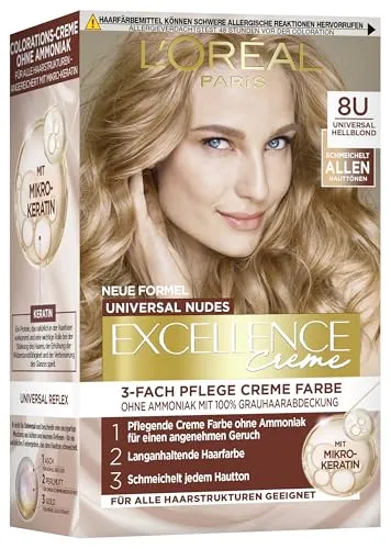 L'Oréal Paris Permanente Haarfarbe für jeden Hautton, Coloration ohne Ammoniak, Universale Nude-Töne mit vollständiger Grauhaarabdeckung, Excellence Creme, Nr. 8U Hellblond (Blond), 1 Stück
