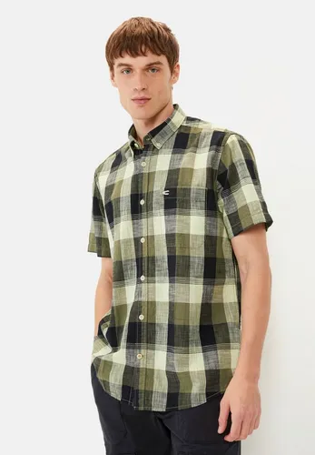 camel active Herren Kariertes Kurzarmhemd aus Reiner Baumwolle Khaki - T-Shirts für Herren mit Button-Down-Kragen, aufgesetzter Brusttasche und Garment-Wash-Behandlung für eine lässige Used-Optik, ideal für entspannte Sommerlooks.