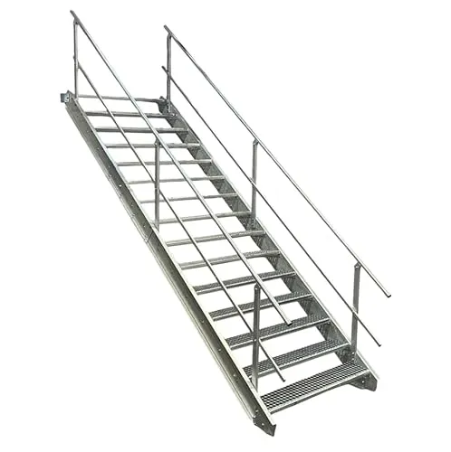 Robuste Stufen Stahltreppe mit Geländer, 80cm Breite - Trittstufen für Außenbereiche, ideal für Geschosshöhen von 250-320cm, inklusive Zubehör für einfache Montage und hohe Stabilität.