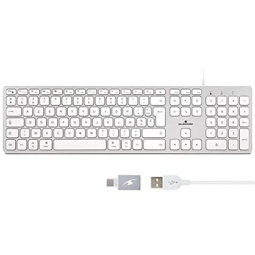 Bluestork AZERTY-Tastatur für Mac – kabelgebunden mit USB-C-Adapter - Tastatur für Mac mit konkaven, leisen Tasten und 13 Multimedia-Hotkeys für effiziente Nutzung. Ideal für komfortables und ergonomisches Tippen.
