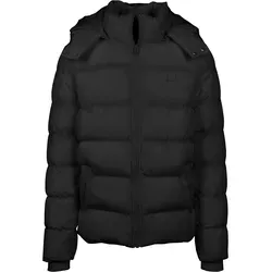 Urban Classics Herren Hooded Puffer Jacket, Black, M - Robuste Collegejacke - Funktionsjacke mit gefüttertem Fake-Daunen-Material, hochschließendem Reißverschluss und abnehmbarer Kapuze für optimalen Kälteschutz. Ideal für stilvolle Outdoor-Aktivitäten.