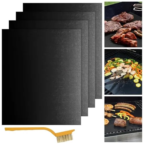 Kezidhp Dauerbackfolie für Backofen, 4er Set Dauerbackfolie mit Bürsten(40x32CM), Backfolie Wiederverwendbar backpapier, Dauerbackmatte, Grillmatten, für Holzkohlegrill, Elektronischen Grill