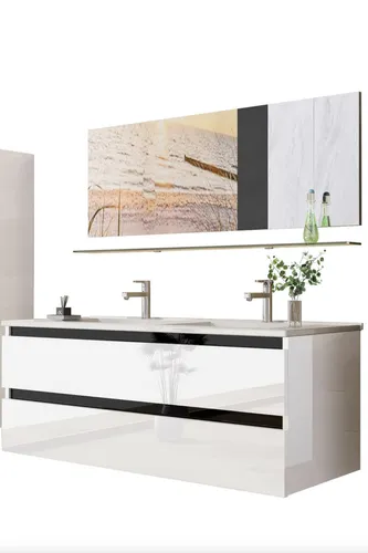 Badmöbel-Set 120 cm Doppelwaschtisch Hochglanz Weiß - Elegantes 4-teiliges Badmöbel-Set in Hochglanz Weiß mit Doppelwaschbecken. Inklusive Spiegel und Unterschrank, ideal für ein modernes Badezimmer. Pflegeleichte Oberfläche und zeitloses Design garantieren Stil und Funktionalität.