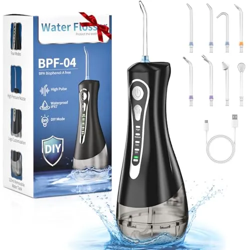 OGVDOE Munddusche Kabellos, Tragbar Elektrische Zahnreiniger DIY 4 Modi Wiederaufladbar, 8 Düsen, 320ML Water Flosser Tank, IPX7 Wasserdicht, Munddusche Testsieger, für Reisen & Hause - Schwarz