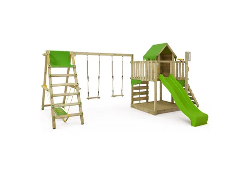 FATMOOSE Spielturm JazzyJungle mit SurfSwing - Schaukeln - Abenteuer-Spielhaus mit extrem witterungsbeständiger Konstruktion und 10 Jahren Garantie*, ideal für stundenlangen Spielspaß im Freien.
