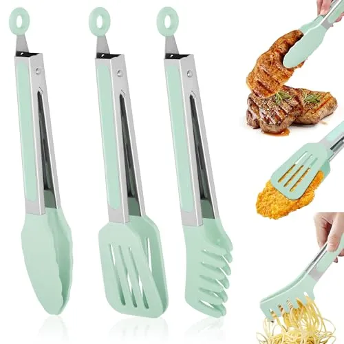 Leseed Küchenzange Silikon 3er-Set, 27cm Edelstahl Zange Küche mit Silikonspitzen, Hitzebeständige (230 °C) | Grillzange Silikon mit 3 Haken | Grill, Pasta & Salad Cooking Utensils, Spülmaschinenfest