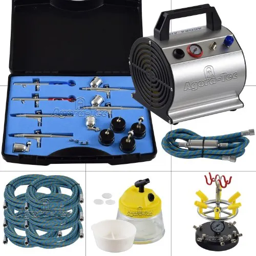 Agora-Tec® Airbrush Komplett-Set ADVANCED VI - Professionelles Farbsprühsystem mit energiesparendem Kompressor (3,1 bar, 20 l/min) und 6 Airbrushpistolen für vielseitige Anwendungen. Ideal für kreative Projekte und präzise Ergebnisse.