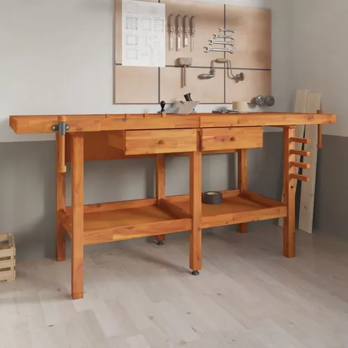 The Living Store Werkbank mit Schubladen Schraubstöcken 192x62x83 cm Akazienholz