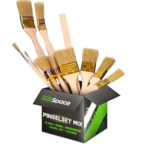 ToolSpace Pinselset - Flache Pinsel, Runde Kalorische Pinsel - Malerpinsel Zum Streichen - Verschiedene Farbtypen: Acryl, Emulsion, Lacke, Naturborstenpinsel für DIY Wand- und Möbelmalerei Malerpinsel