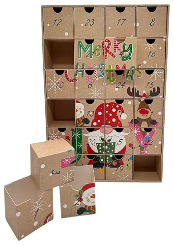 Bambelaa! Adventskalender aus robustem Karton und Kunststoff 24 Fächer zum Befüllen Weihnachtsdeko für Kinder Erwachsene DIY Advent Deko festliche Weihnachtsdekoration ca. 38,5x26x6,5cm (Beige)