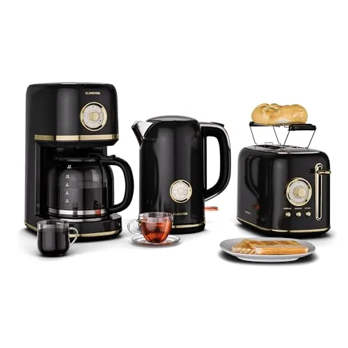 Klarstein Victoria Frühstücksset – Toaster, Wasserkocher & Filterkaffeemaschine – Schwarz - VIELSEITIGES FRÜHSTÜCKSSET: Perfekt für jeden Morgen! Genieße Toast, Tee und frisch gebrühten Kaffee aus einem stilvollen Set mit Retro-Design. Benutzerfreundlich und elegant – für ein harmonisches Küchenerlebnis.