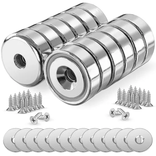Poppstar 12 Neodym Topfmagnete mit Senkloch und Kapsel (Haftkraft 10kg, 20x7mm), inklusive Stahlkissen und Schrauben, silbern