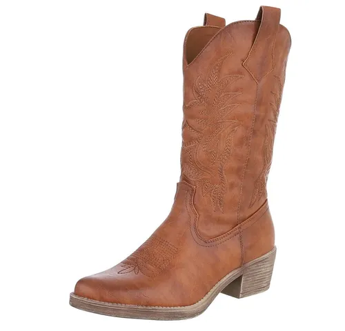 Ital-Design Damen Cowboyboots Westernstiefel Blockabsatz Camel - Elegante Cowboyboots mit Blockabsatz, ideal für den Frühling und Herbst. Der Used Look verleiht jedem Outfit einen trendigen Akzent. Komfortabel und vielseitig kombinierbar, perfekt für Western-Liebhaber.