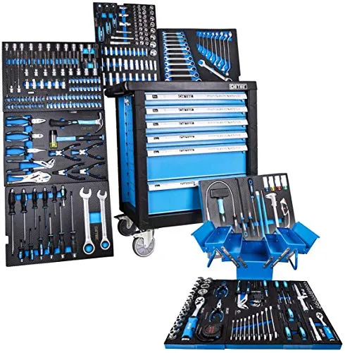 DeTec 3066 Werkstattwagen - Bestückt mit 6/6 Schubladen - Werkzeugschrank mit hochwertigem 86-teiligem Werkzeugset, ideal für Heimwerker und Profis. Robuste Edelstahl-Arbeitsfläche und viel Stauraum für effizientes Arbeiten.