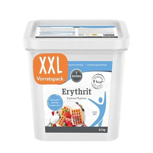 BORCHERS Erythrit, Kristalline Streusüße 4,5kg, Tafelsüße, weniger süß, kalorienfrei & zuckerfrei, Zuckerersatz, Süßungsmittel, Zuckeralternative, XXL Vorteilspack im Eimer