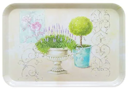 Lashuma Mittel großes Serviertablett 38x26 cm, Küchentablett aus Melamin, Eckiges Kaffeetablett, Druck: Garten