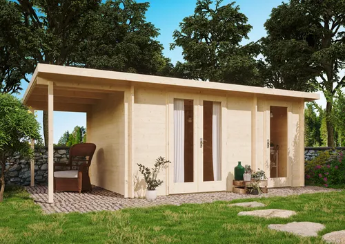 Fjordholz Gartenhaus Modell Carin 44 C +SD - Robustes Gartenhaus aus nordischer Fichte mit 44mm starken Wänden, extra hohen Türen und stabiler Dachkonstruktion. Ideal für vielseitige Nutzung im Garten. Hochwertige Materialien und individuelle Gestaltungsmöglichkeiten.