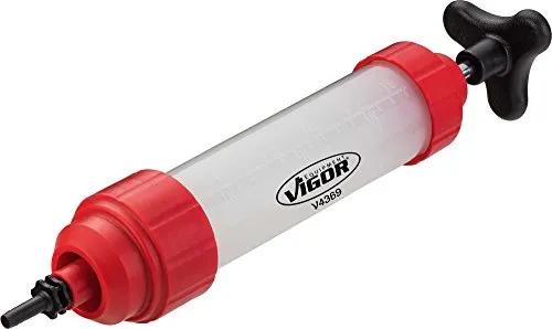 Vigor V4369 Vakuumpumpe - Flüssigkeitsextraktor für das Ansaugen und Umfüllen von Kraftstoffen und Ölen, mit 350 ml Fassungsvermögen und vielseitigem Zubehör für verschiedene Flüssigkeiten.