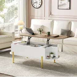 Couchtisch Aus Mdf In Weiß Und Naturholz 120 Cm Mit Höhenverstellbarer Platte Und Stauraum