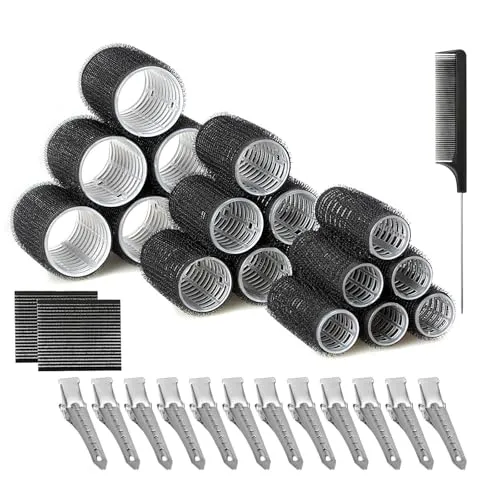 AiQInu 33 Stück Lockenwickler Set, Mit 18 Lockenwickler und 12 Metallklammern 2 magisches Haarpolster 1 kamm, 3 verschiedene Größen Selbsthaftend Hair Rollers (40, 30, 25mm)