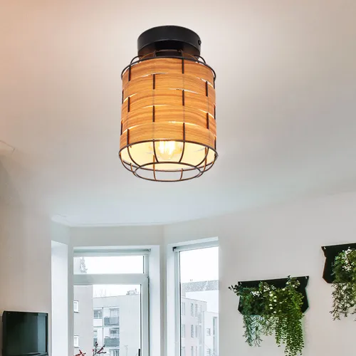 Deckenleuchte Wohnzimmerlampe Deckenlampe Holzoptik Metall schwarz braun H 22cm