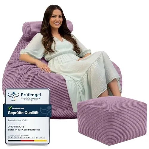 Dreamroots Sitzsack Violett - XXL Komfort für drinnen und draußen - Sitzsäcke für Erwachsene, robust und leicht zu reinigen, ideal für Wohnzimmer, Schlafzimmer oder Garten. Mit praktischer Fußstütze für zusätzlichen Komfort.