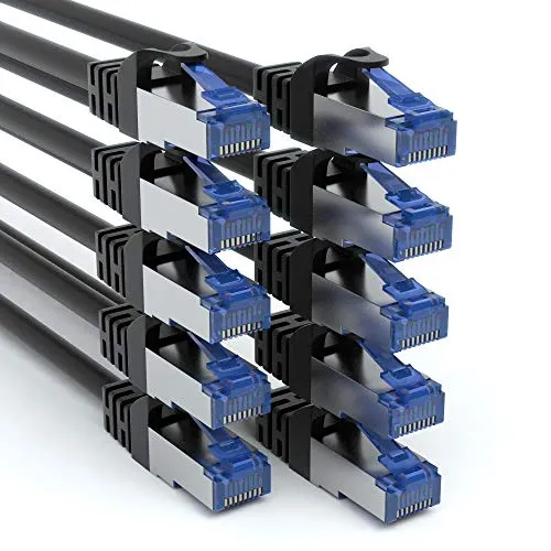 JAMEGA - 10 Stück - 0,25m CAT 7 Netzwerkkabel Gigabit Ethernet LAN Kabel in schwarz | 10000 Mbit s | Patchkabel Cat.7 Rohkabel SFTP PIMF Schirmung RJ45 Stecker | Switch Router Modem Access Point