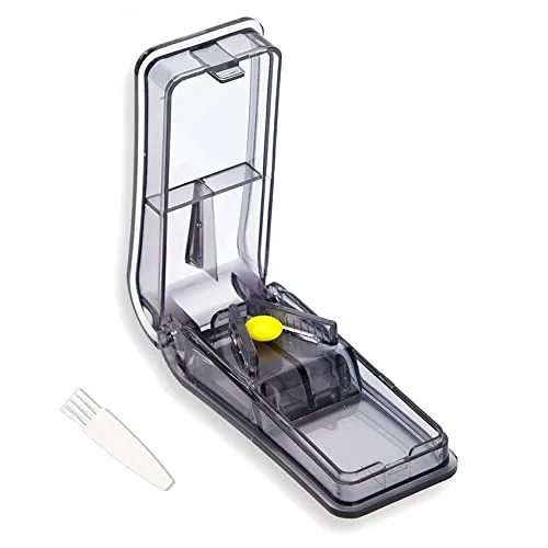 GeekerChip Tablettenteiler - Präziser Pillenteiler für alle Tablettenformen - Tablettenteiler & Mörser mit scharfer Edelstahlklinge für exakte Schnitte in 1/2, 1/4 oder 1/8. Praktisches 2-in-1-Design mit Aufbewahrungsfach für unterwegs.