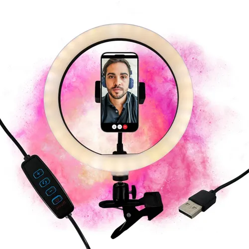 Ringlicht 10 Zoll mit Klemmhalterung für Selfies - Kategorie: Studioleuchten, ideal für Influencer und Content Creator, bietet warmes Licht mit 120 LEDs für perfekte Aufnahmen.