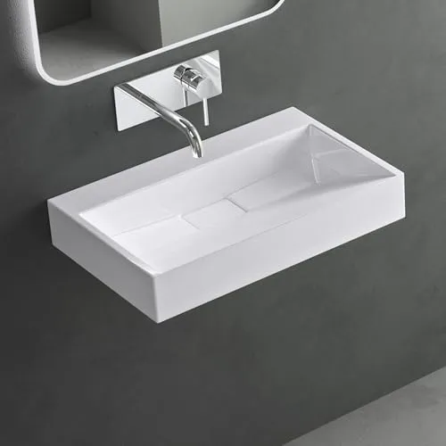 Mai & Mai Waschbecken Weiß Aufsatzwaschbecken Hängewaschtisch inkl. Ablaufgarnitur Mineralguss Rechteckig Waschplatz ohne Armaturenloch Breite: 60cm