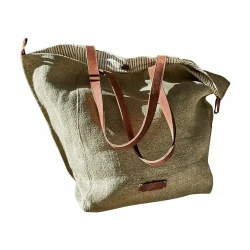 Loberon Tasche Soleil - Modischer Shopper mit Innentasche - Damen-Shopper aus hochwertigem Materialmix mit Jute, Baumwolle und Büffelleder. Praktische Innentasche und stylisches, gestreiftes Innenfutter. Ideal für den Alltag!