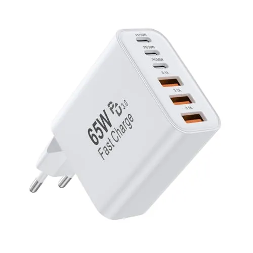 USB C Ladegerät, 6 Ports 65W Mehrfach Schnellladegerät Netzteil Power Adapter für iPhone 17/16/15/14/13/12/11 Pro/Max/Plus/XR/XS/iPad Handy, USB C & USB A PD 3.0 Charger