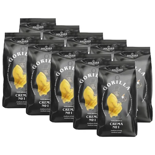 10x Joerges Gorilla Crema No.1 Kaffeebohnen 1kg – Aromatischer Arabica Kaffee - Kaffeebohnen für vollmundigen Genuss: Joerges Gorilla Crema No.1, perfekt geröstet für ein intensives Aroma und eine feine Crema.