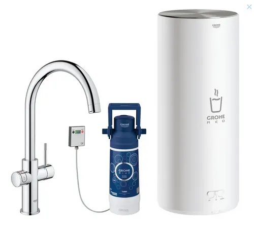 Grohe Red Duo Spültischarmatur mit C-Auslauf - Chrom - Küchenarmaturen, mit integriertem Boiler für sofort heißes Wasser und elegantes Design.